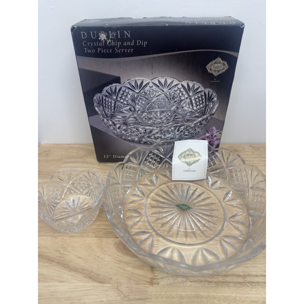 SHANNON Crystal Dublin GODINGER Crystal Chip & Dip 2‎ Piece Server 12"